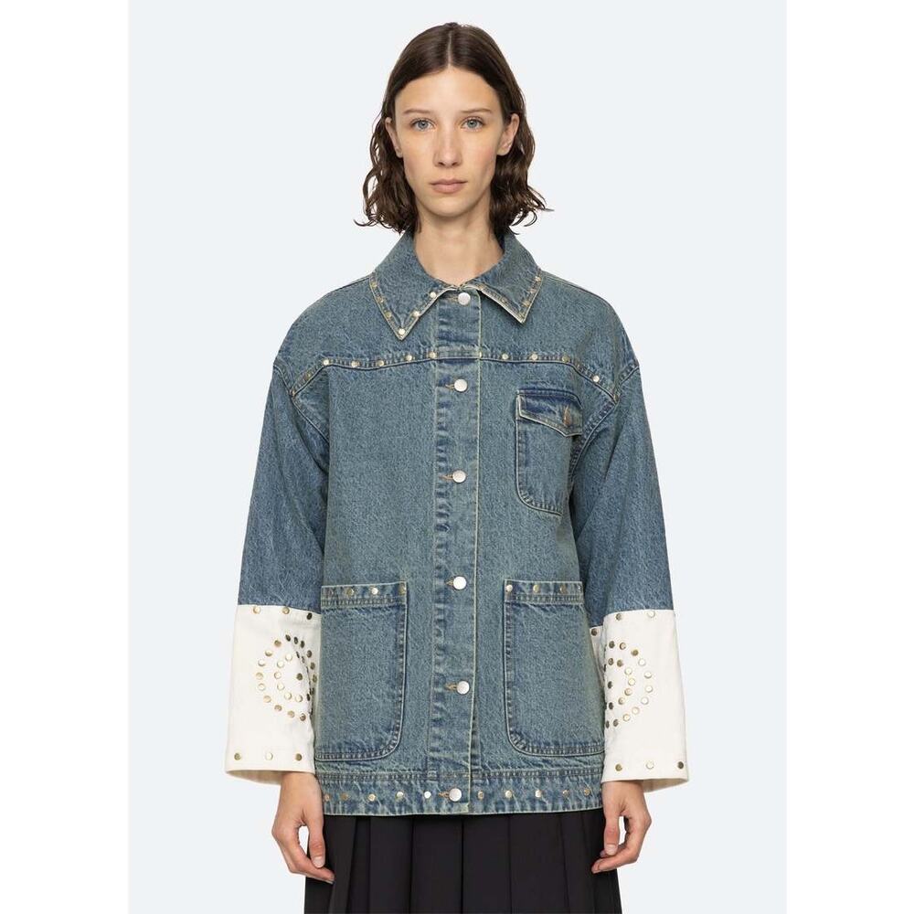 Sea New York Liam denim jacket chore coat two tone studded blue white large NWT